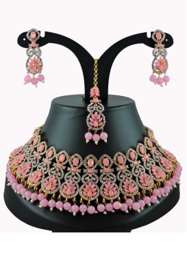 Perfect Gold Rodium Polish Beads Work Salmon and White Necklace Set for Festival