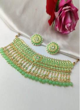 Perfect Gold Rodium Polish Mint Green and Off White Necklace Set For Festival
