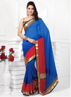 Perfect Patch Work Blue And Red Party Wear Saree