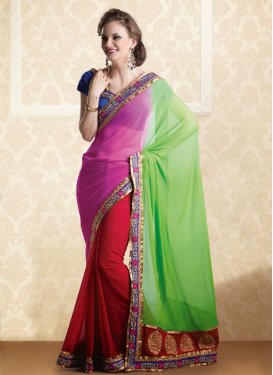 Perfect Red Rose Pink And Green Color Chiffon Party Wear Saree