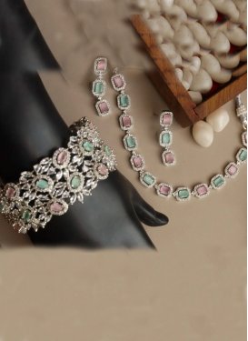 Perfect Silver Rodium Polish Diamond Work Alloy Pink and Sea Green Jewellery Set
