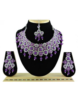 Perfect Silver Rodium Polish Purple and White Beads Work Necklace Set