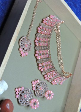 Perfect Stone Work Pink and White Alloy Necklace Set