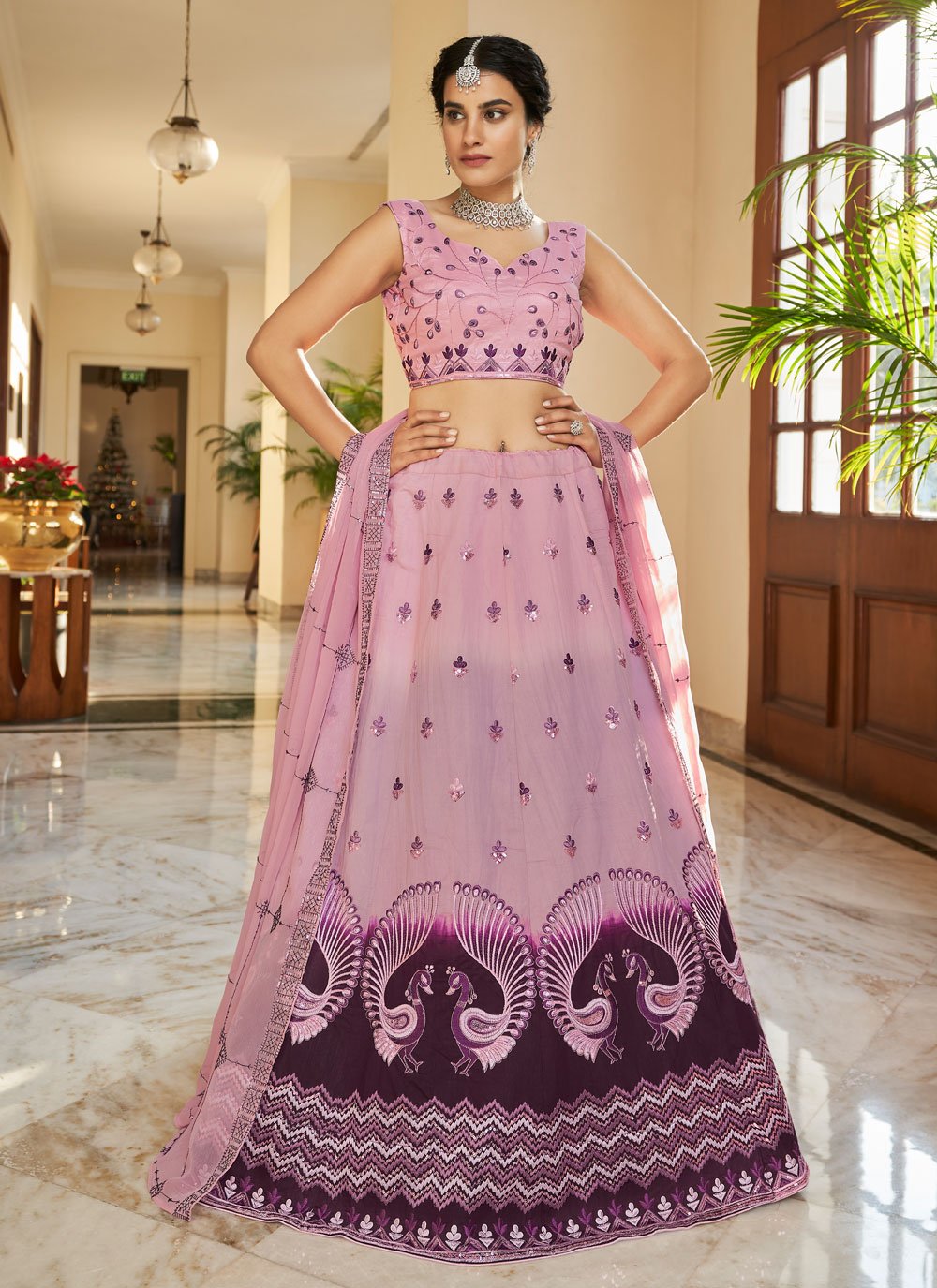 Pink and Purple Art Silk Designer Lehenga
