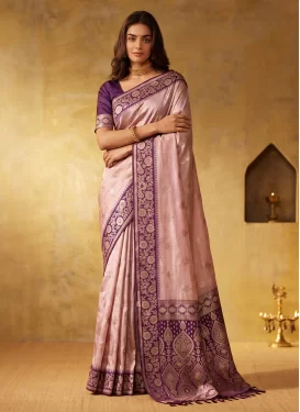 Pink and Purple Silk Blend Classic Saree with Woven Work for Ceremonial