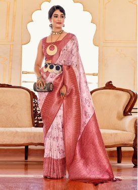 Pink and Salmon Silk Blend Traditional Designer Saree