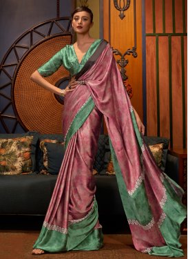 Pink and Sea Green Satin Silk Designer Contemporary Style Saree