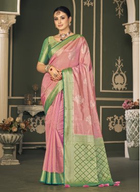 Pink and Sea Green Silk Blend Traditional Designer Saree