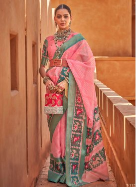 Pink and Teal Print Work Designer Contemporary Style Saree