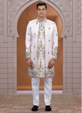 Pink and White Art Silk Cutdana Work Indo Western for Men