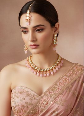 Pink and White Gold Rodium Polish Beads Work Necklace Set