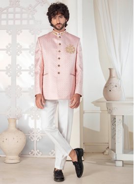 Pink and White Jacquard Silk Jodhpuri Suit with Woven Work for Party