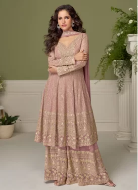 Pink Chinon Palazzo Suit with Embroidered Work for Festival
