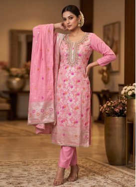 Pink Cotton Silk Beads Work Straight Suit for Women