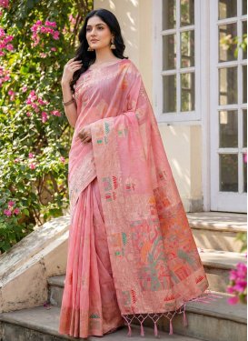 Pink Cotton Silk Traditional Saree with Woven Work for Casual