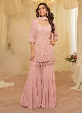 Pink Georgette Sharara Suit with Embroidered Work for Party