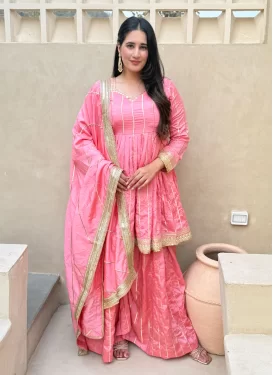Pink Vichitra Silk Palazzo Suit with Embroidered Work for Festival