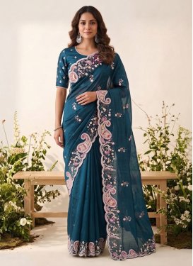 Poly Silk Classic Saree with Embroidered Work for Women in Teal