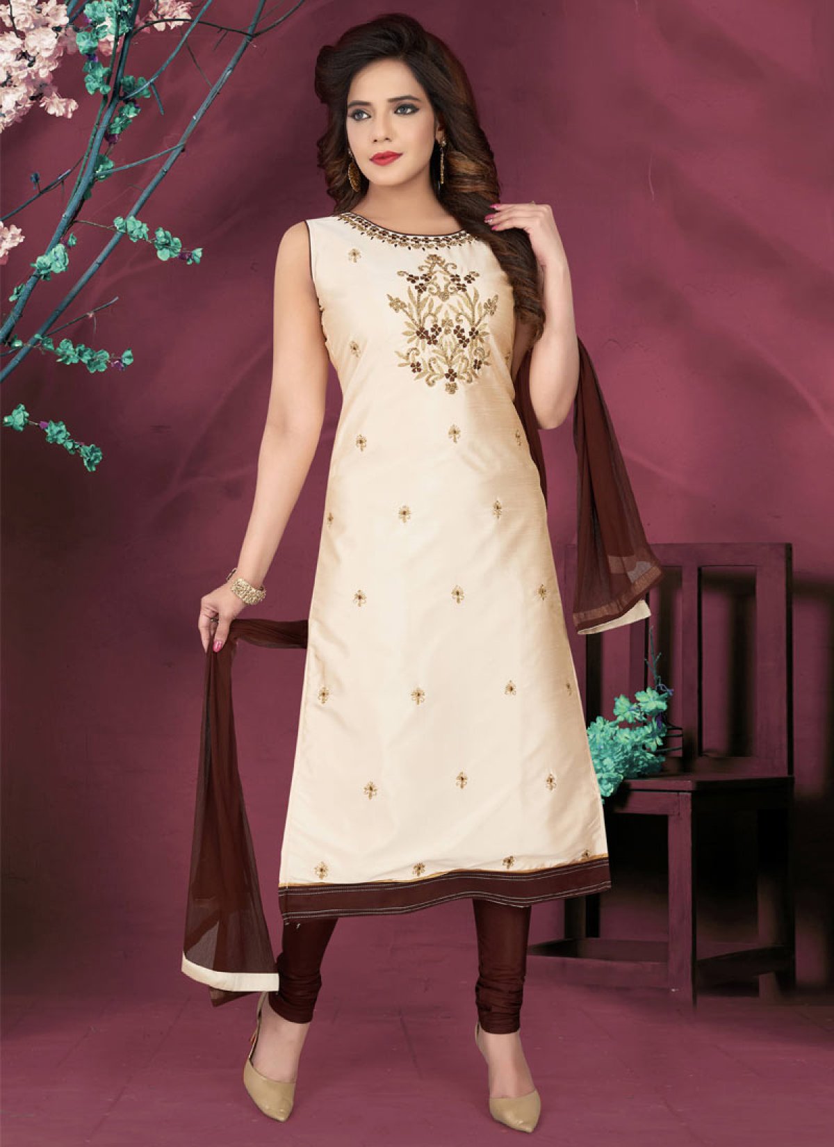 Buy Poly Silk Coffee Brown and Cream Embroidered Work Readymade Churidar  Salwar Suit Online
