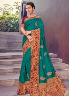 Poly Silk Maroon and Teal Embroidered Work Designer Contemporary Saree