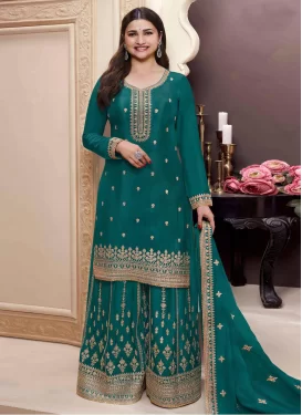 Prachi Desai Chinon Palazzo Suit with Embroidered Work in Teal