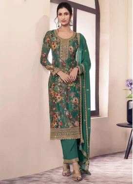 Prachi Desai Chinon Straight Suit with Digital Print Work in Green