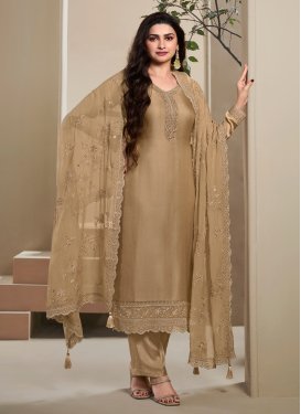 Prachi Desai Chinon Straight Suit with Embroidered Work for Ceremonial in Brown