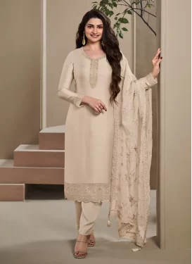 Prachi Desai Chinon Straight Suit with Embroidered Work for Party in Beige