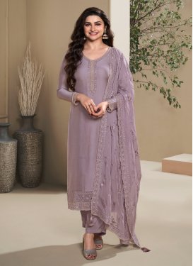 Prachi Desai Embroidered Work Chinon Straight Suit in Violet for Women