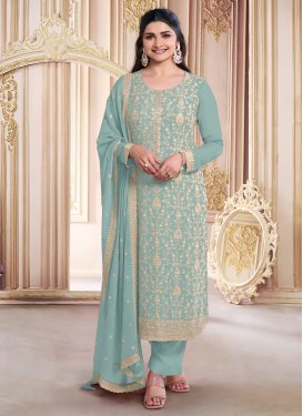 Prachi Desai Georgette Straight Suit with Embroidered Work for Festival in Aqua Blue