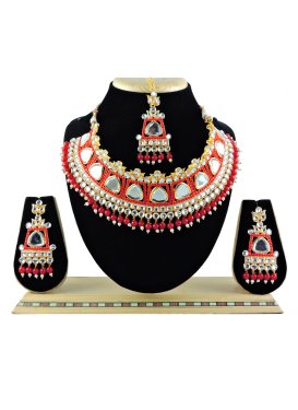 Praiseworthy Alloy Beads Work Red and White Gold Rodium Polish Necklace Set