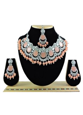 Praiseworthy Alloy Silver Rodium Polish Peach and White Beads Work Necklace Set