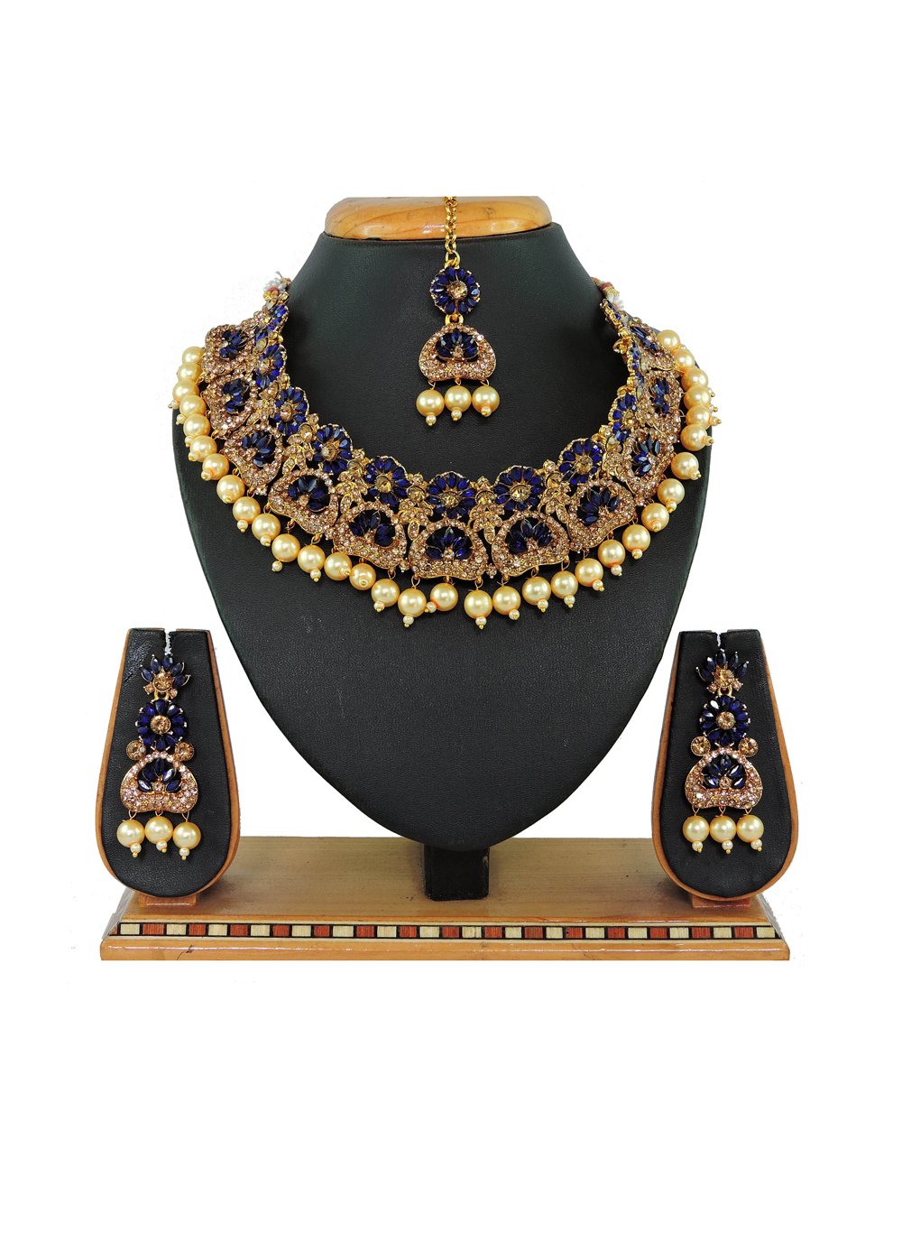 Praiseworthy Beads Work Gold and Navy Blue Alloy Necklace Set