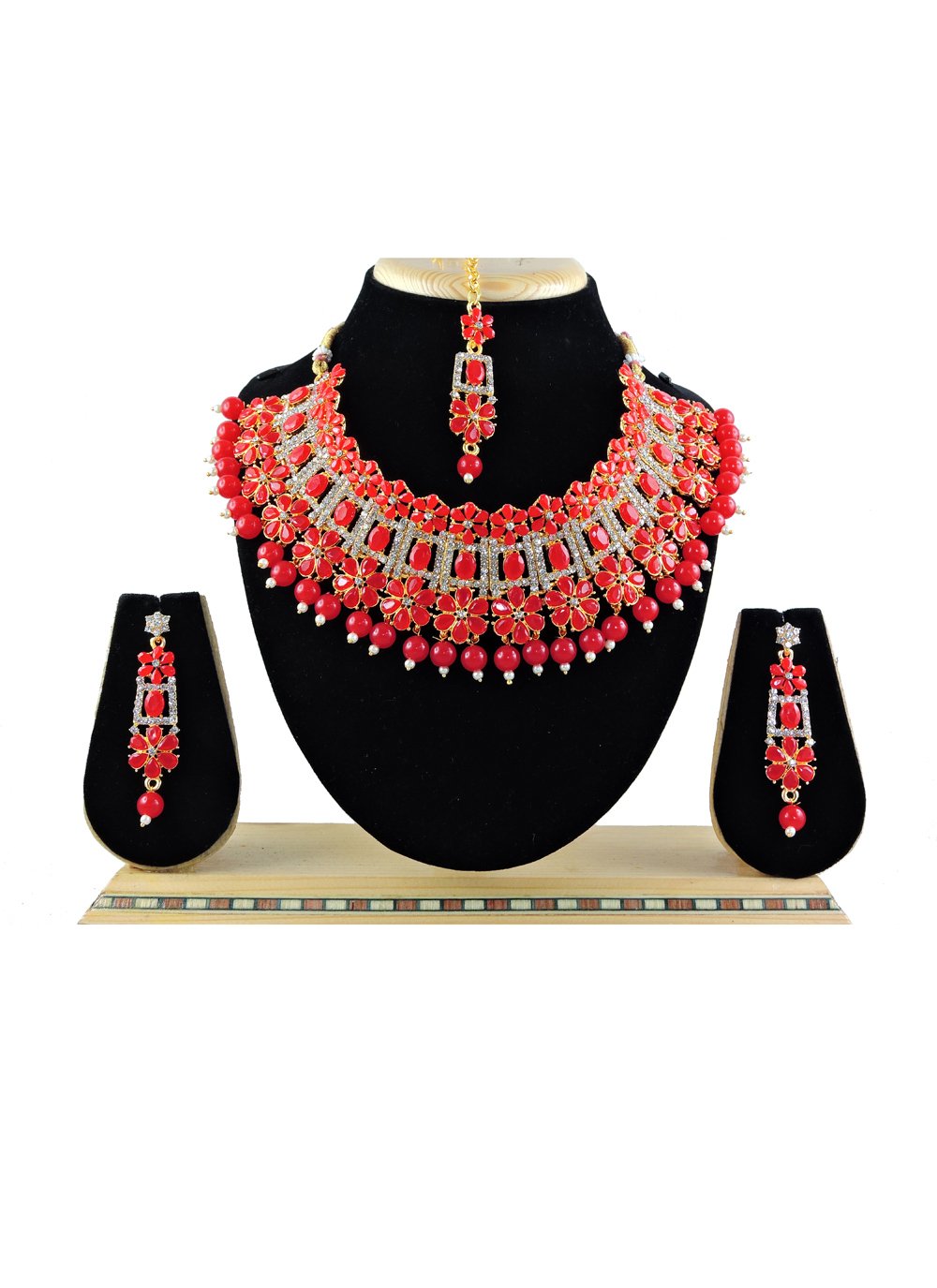 Praiseworthy Beads Work Red and White Necklace Set for Festival
