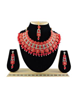 Praiseworthy Beads Work Red and White Necklace Set for Festival