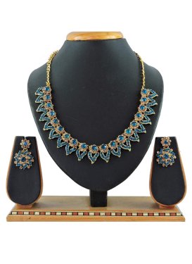 Praiseworthy Gold and Light Blue Beads Work Gold Rodium Polish Necklace Set