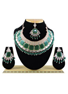 Praiseworthy Gold Rodium Polish Beads Work Alloy Green and White Necklace Set For Festival
