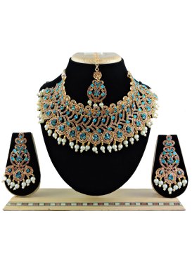 Praiseworthy Gold Rodium Polish Firozi and Gold Beads Work Necklace Set