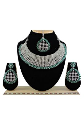 Praiseworthy Green and Silver Color Alloy Silver Rodium Polish Necklace Set For Festival