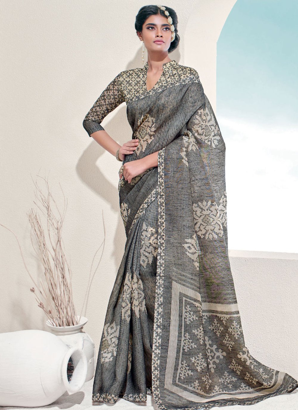 Faux Georgette Party Wear Saree in Silver with Lace work | Party wear sarees,  Party wear, How to wear