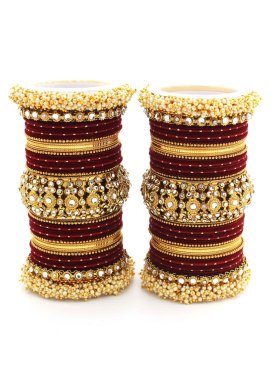Praiseworthy Maroon and Off White Beads Work Bangles