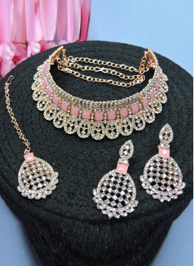 Praiseworthy Pink and White Stone Work Necklace Set