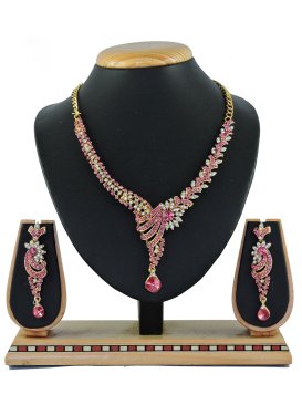 Praiseworthy Stone Work Hot Pink and White Gold Rodium Polish Necklace Set