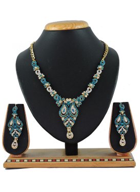 Praiseworthy Teal and White Gold Rodium Polish Necklace Set For Ceremonial