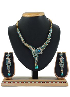 Praiseworthy Teal and White Stone Work Necklace Set For Ceremonial