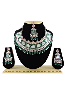 Precious Bottle Green and White Beads Work Necklace Set For Festival