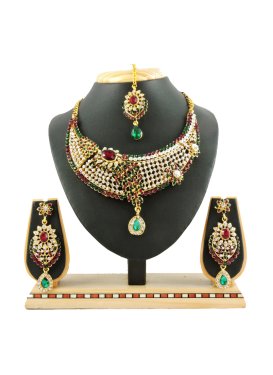 Precious Gold Rodium Polish Stone Work Alloy Bottle Green and Maroon Necklace Set For Bridal
