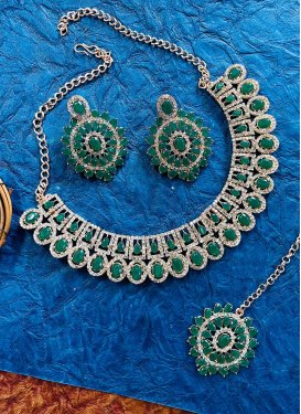 Precious Green and White Silver Rodium Polish Stone Work Necklace Set