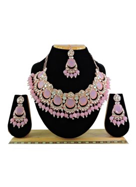 Precious Pink and White Beads Work Alloy Gold Rodium Polish Necklace Set