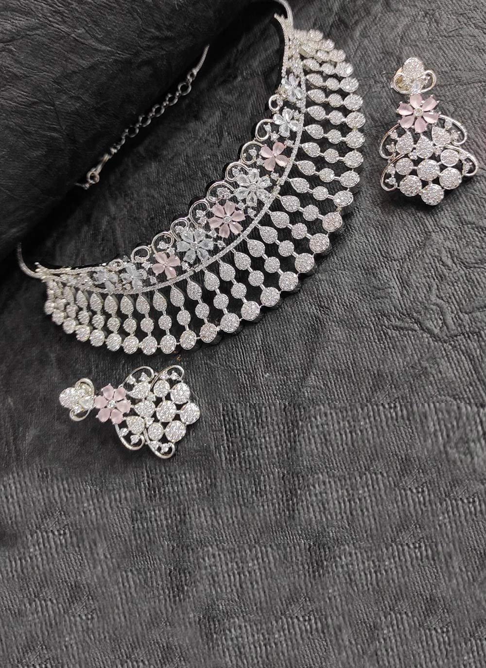 Precious Silver Rodium Polish Diamond Work Alloy Necklace Set For Party